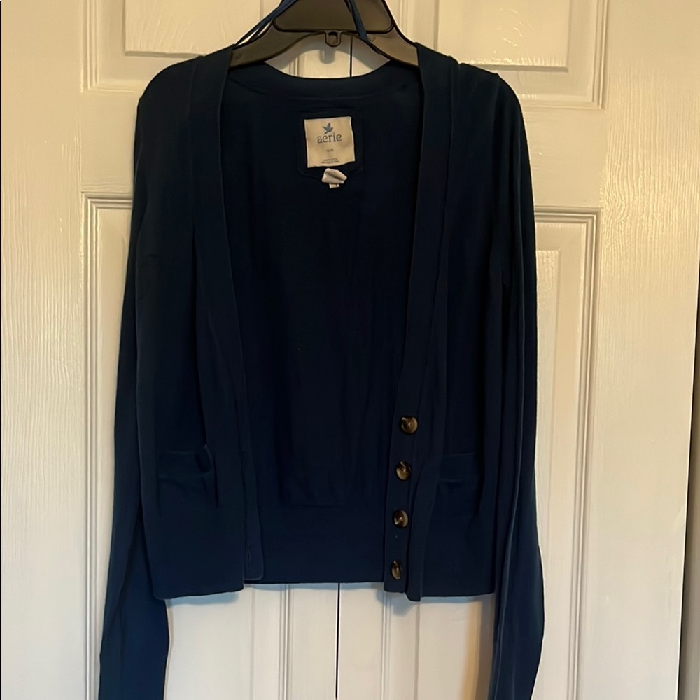 Aerie Blue Cardigan Sweater Classic Knit